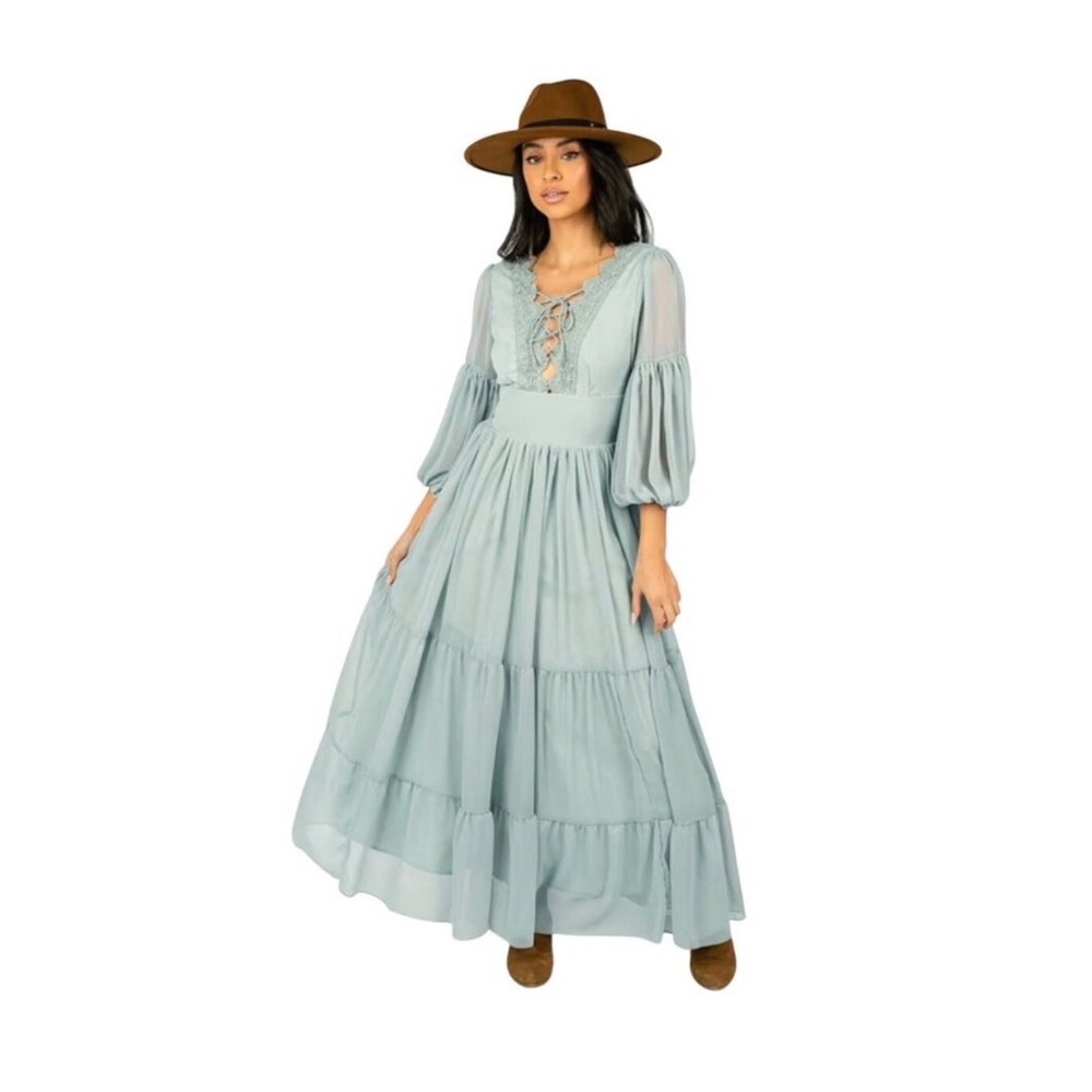 Joyfolie Boho Tiered Chiffon Maxi Dress green Lace Up V-Neck Lantern Sleeve Gown